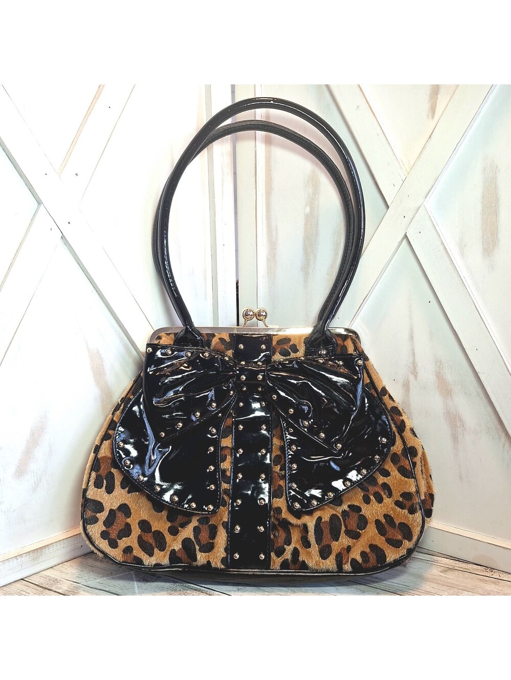 CHARMING CHARLIE Textured Cheetah Animal Print w/Faux Black Leather Bow Handbag